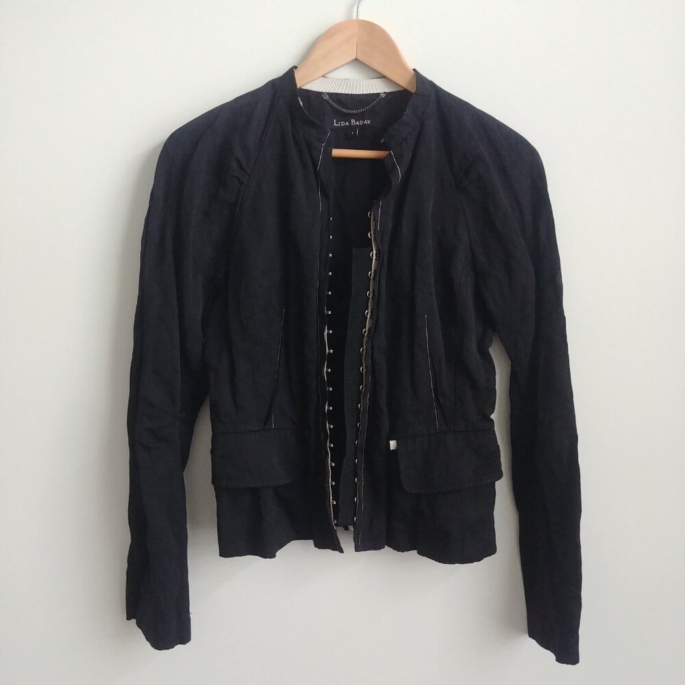 Lida Baday gothic vibe crinkle jacket high collar hook and eye front closure 8